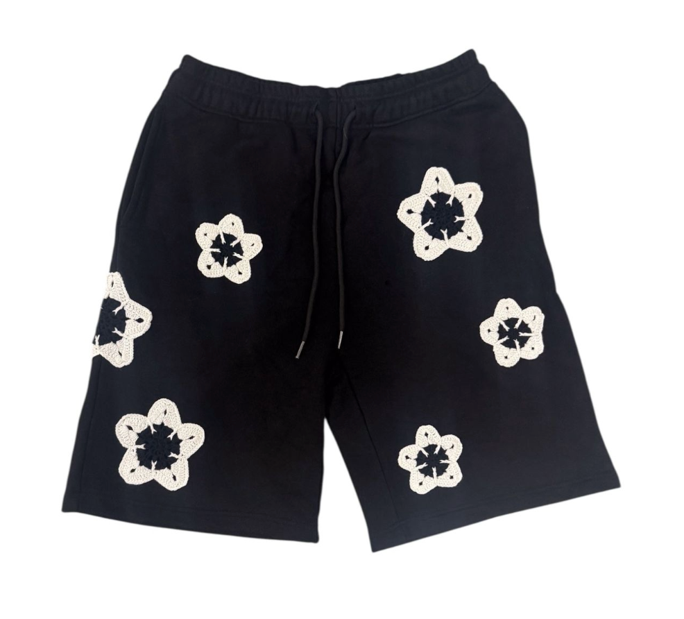 Arkyve Black Flower Crochet Patch Sweatshorts