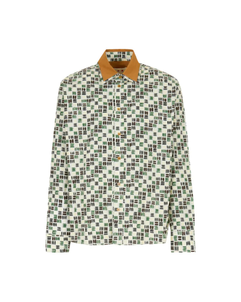 MARNI CREAM POPLIN SHIRT WITH GREEN RYTHMS PRINT
