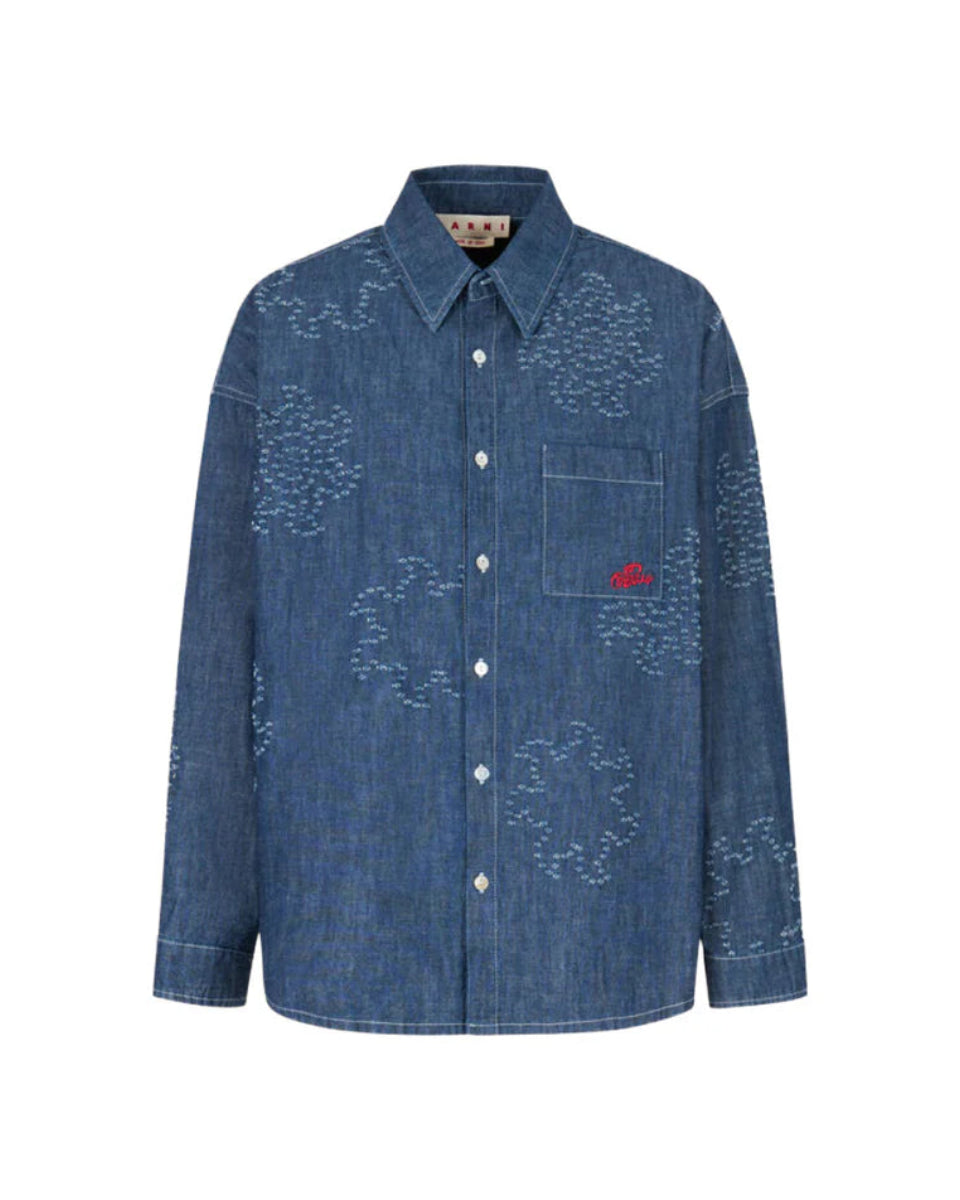 Marni BLUE CHAMBRAY OVERSIZED SHIRT WITH FRAYED SUN MOTIF