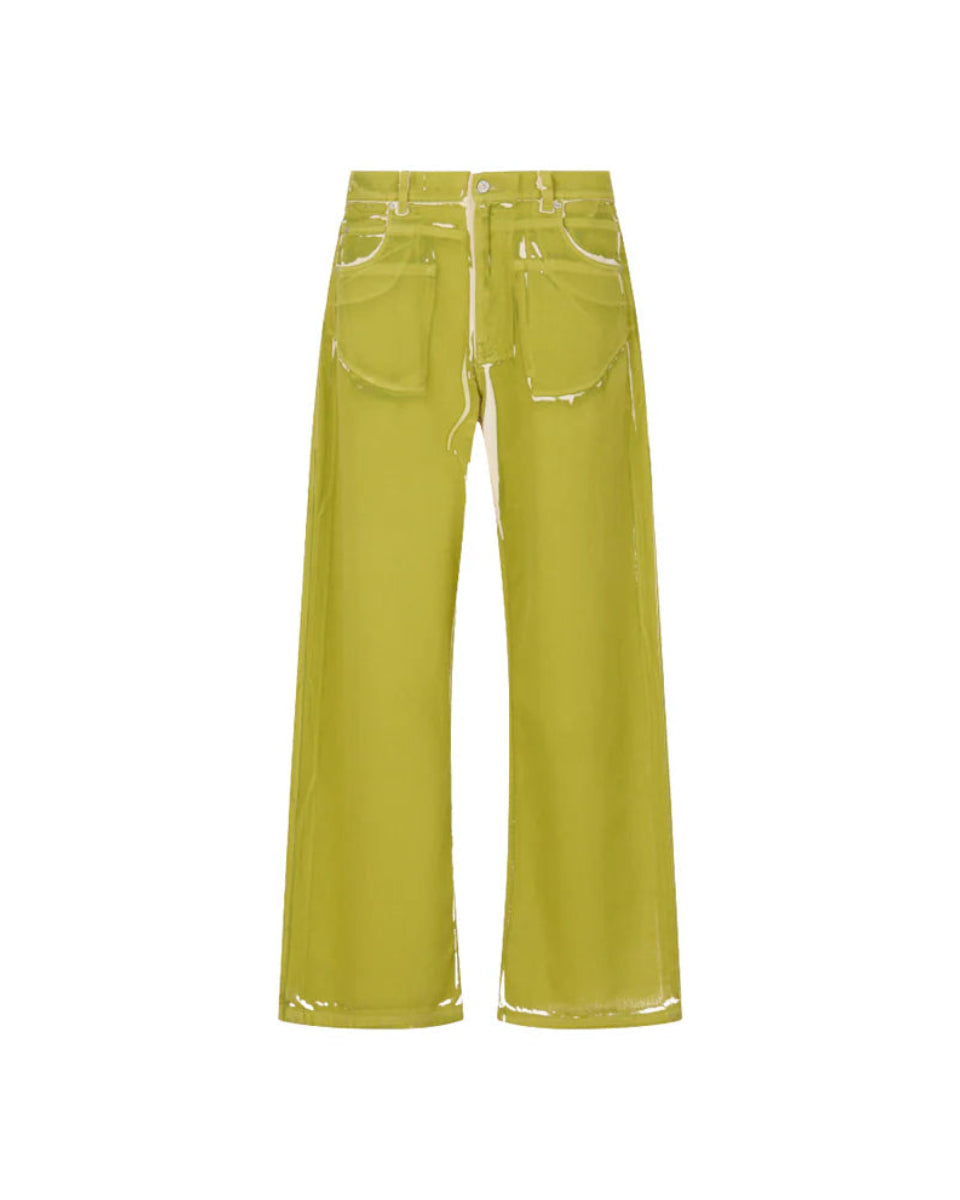 MARNI GREEN SCREEN-PRINTED DENIM WIDE LEG PANTS
