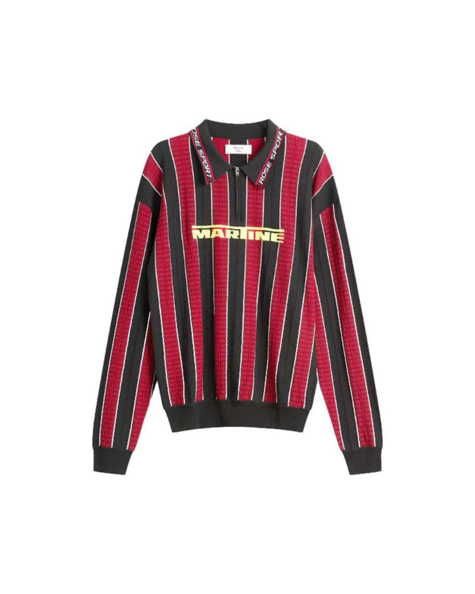 MARTINE ROSE STRIPE ZIP POLO SHIRT RED & BLACK