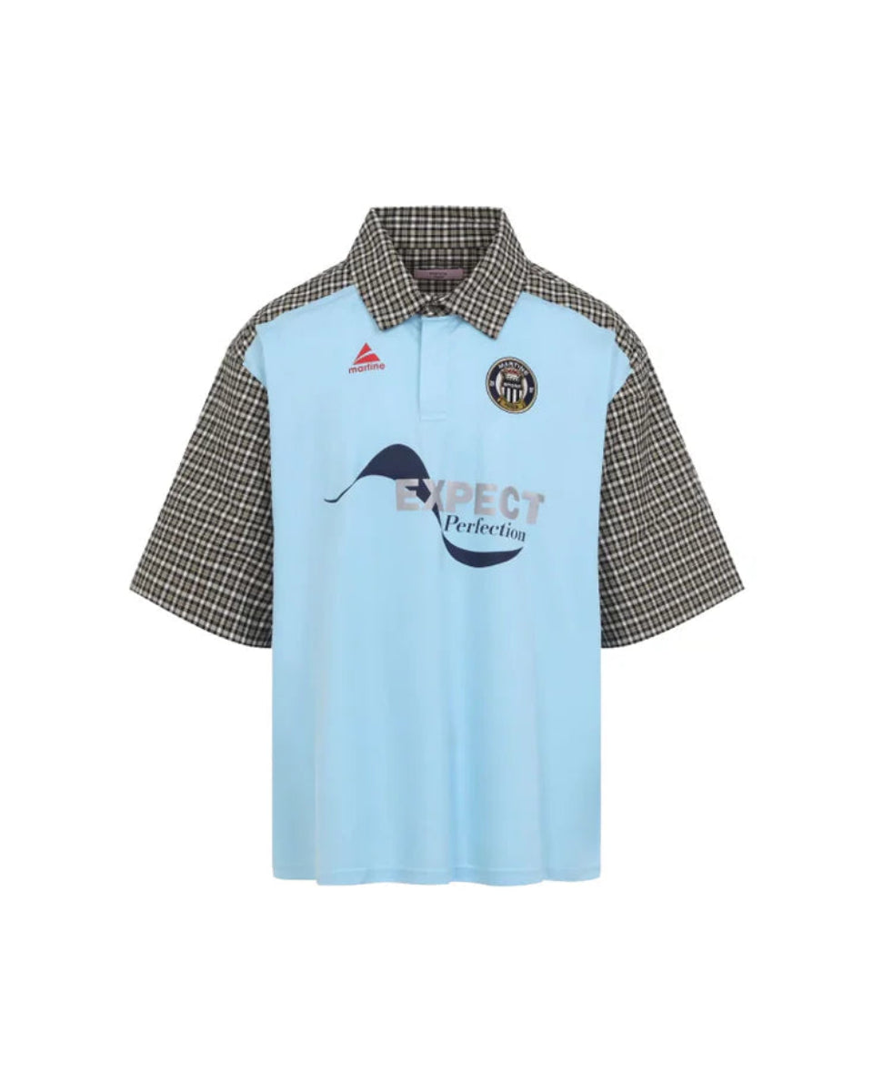 MARTINE ROSE CHECK-SLEEVE POLO SHIRT BLUE
