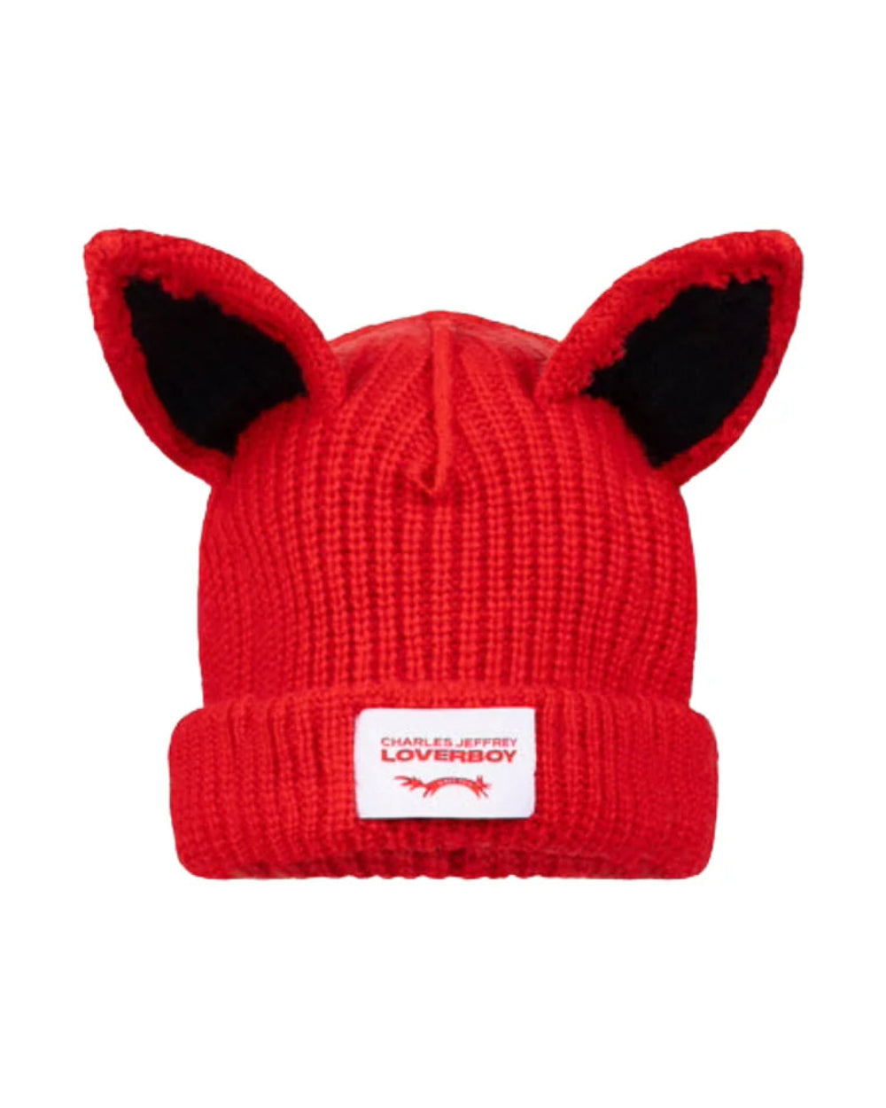CHARLES JEFFREY LOVERBOY ARTISANAL SUPERSIZED FOX BEANIE IN RED BLACK