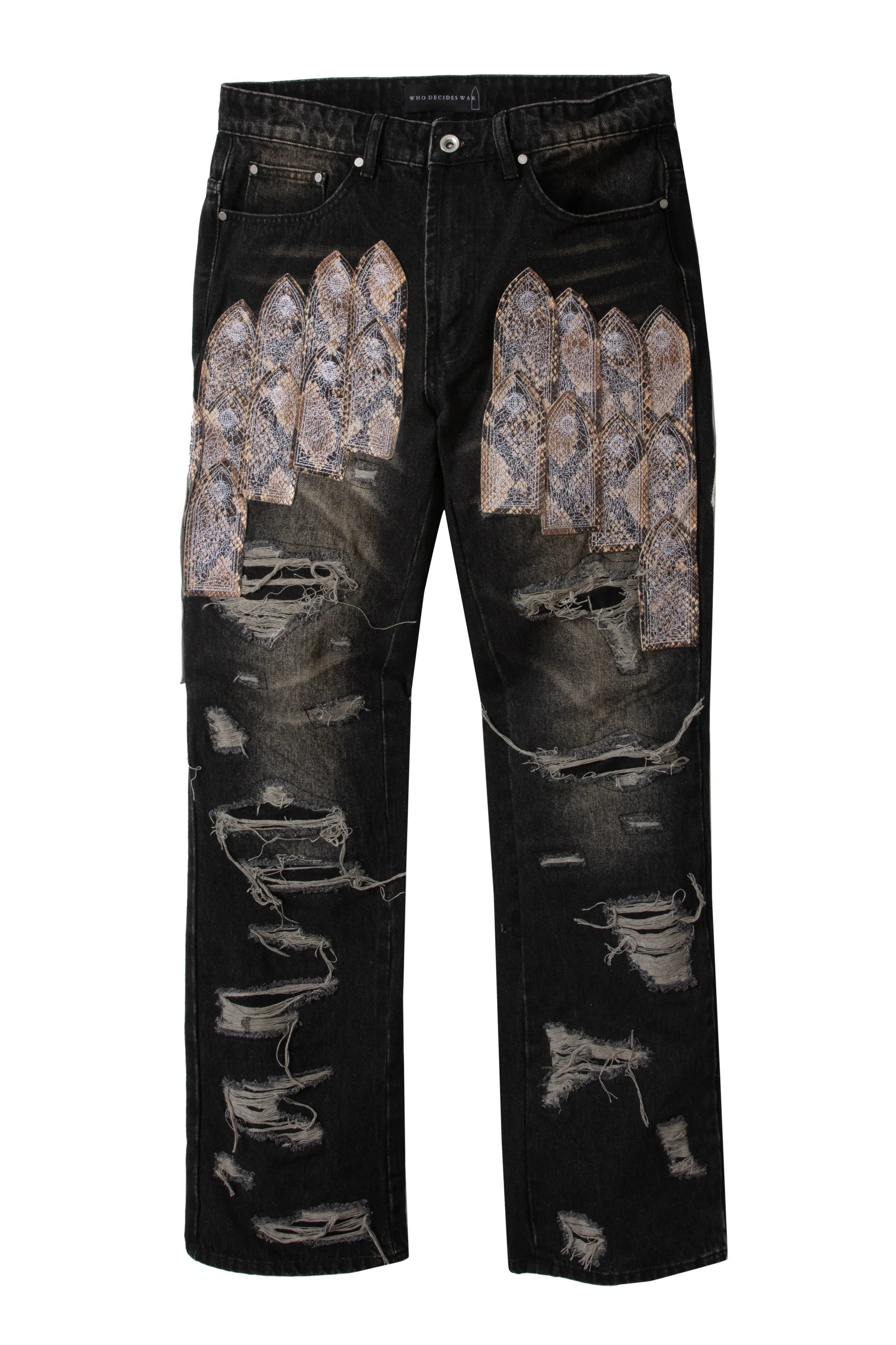 WHO DECIDES WAR Patched Arch Jeans Snakeskin