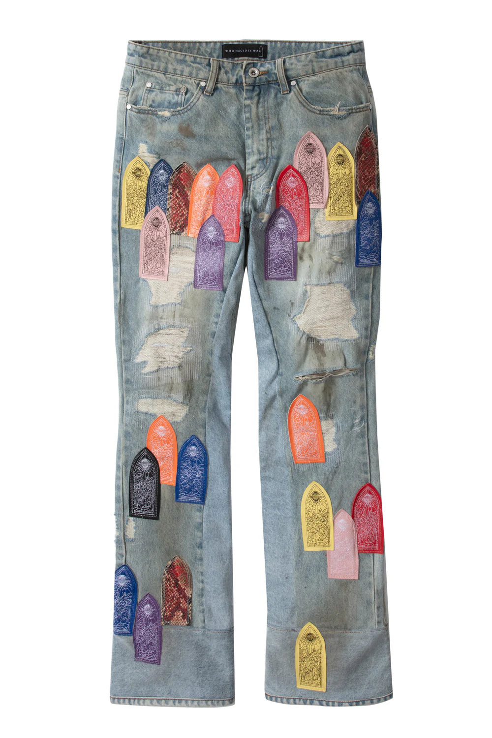 WHO DECIDES WAR PATCH ARCHED REPAIRED DISTRESSED DENIM