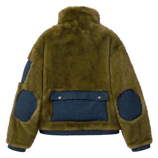 KID SUPER Fur & Herringbone Coat-Green