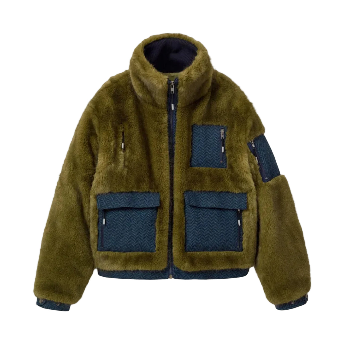 KID SUPER Fur & Herringbone Coat-Green