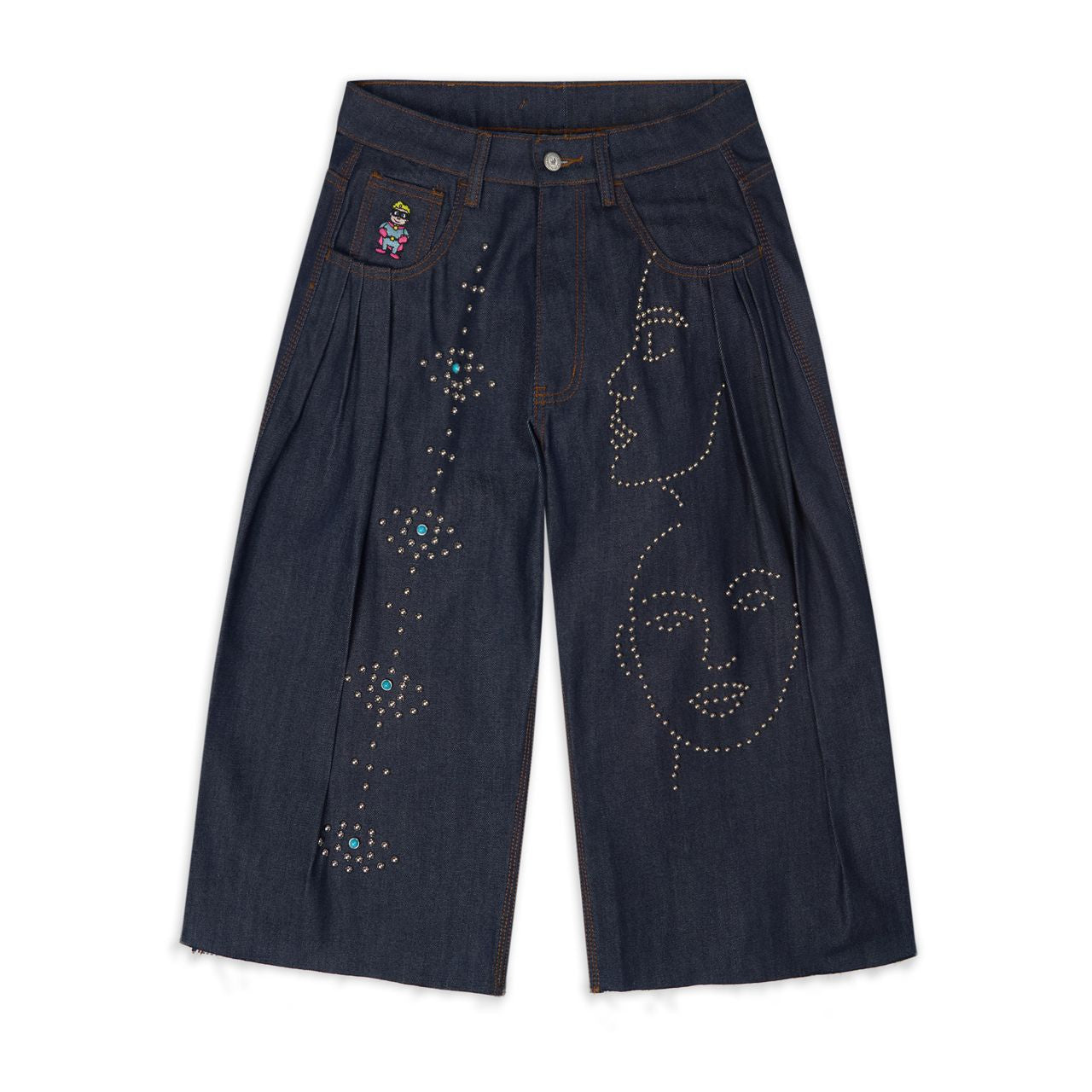 KID SUPER Studded Face Plated Long Shorts Raw Denim