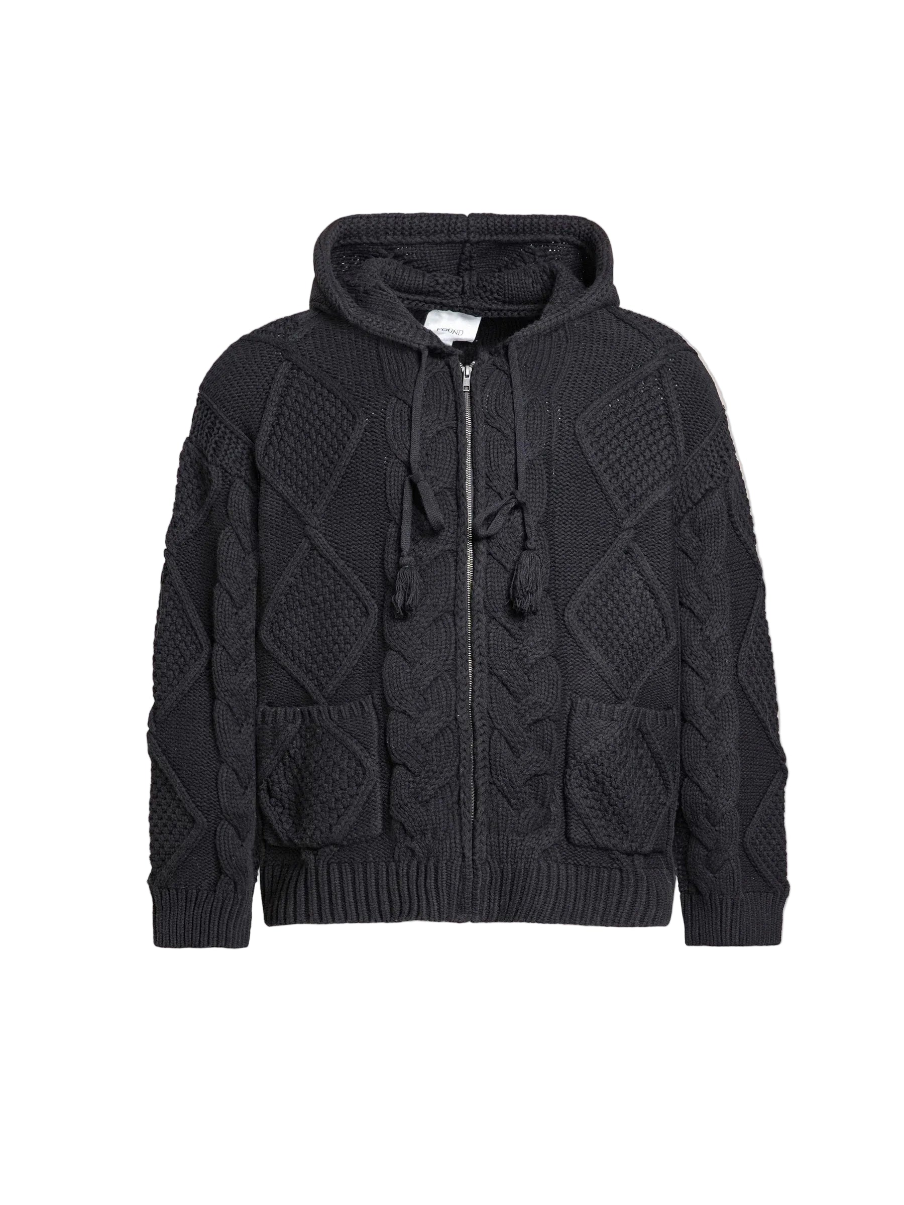 FOUND Zip Up Black Cable Knit Hoodie